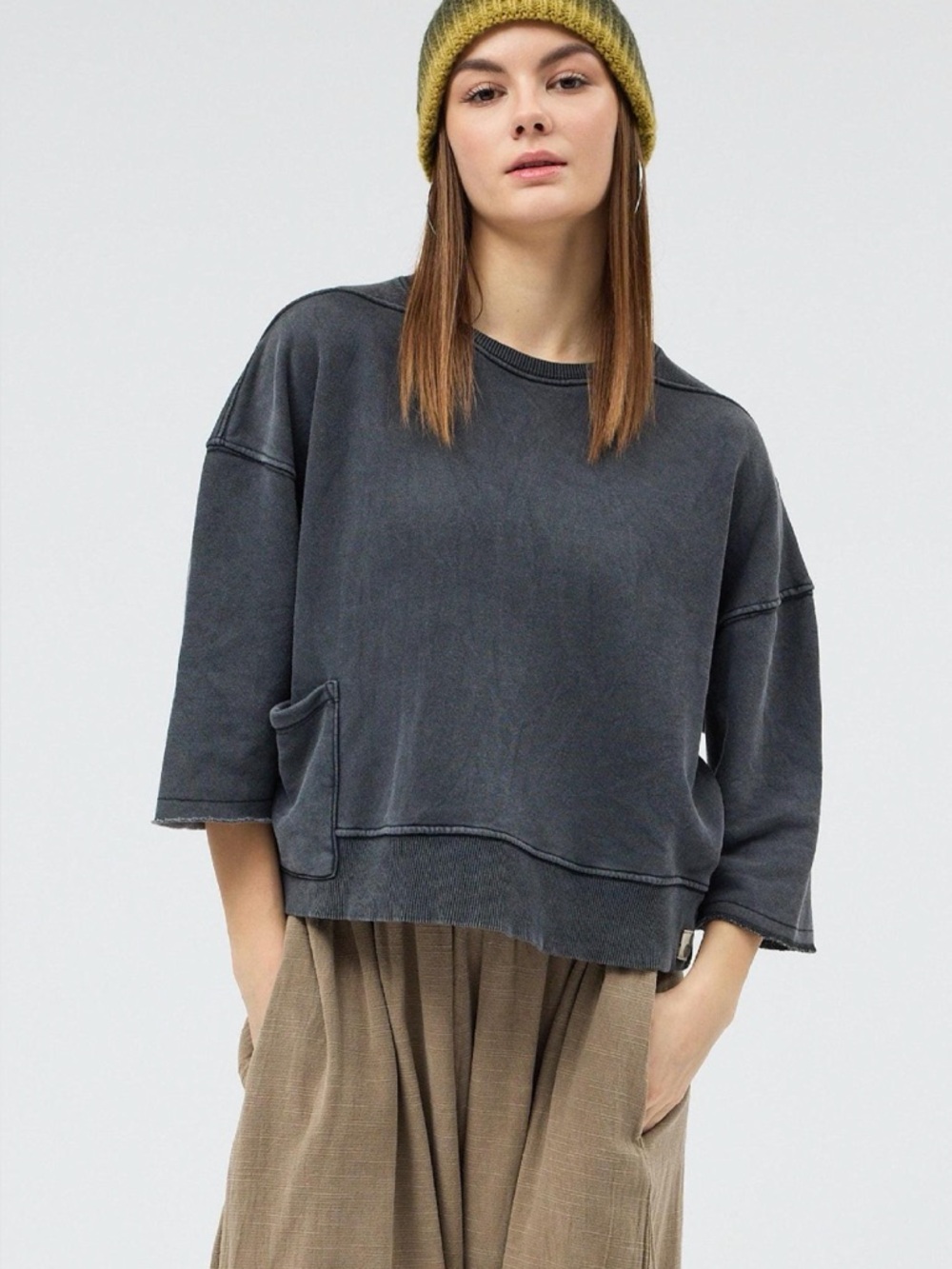 Oversized ZARA Sweatshirt Washed Grey Cotton Semi Crop Boxy Relaxed Pullover